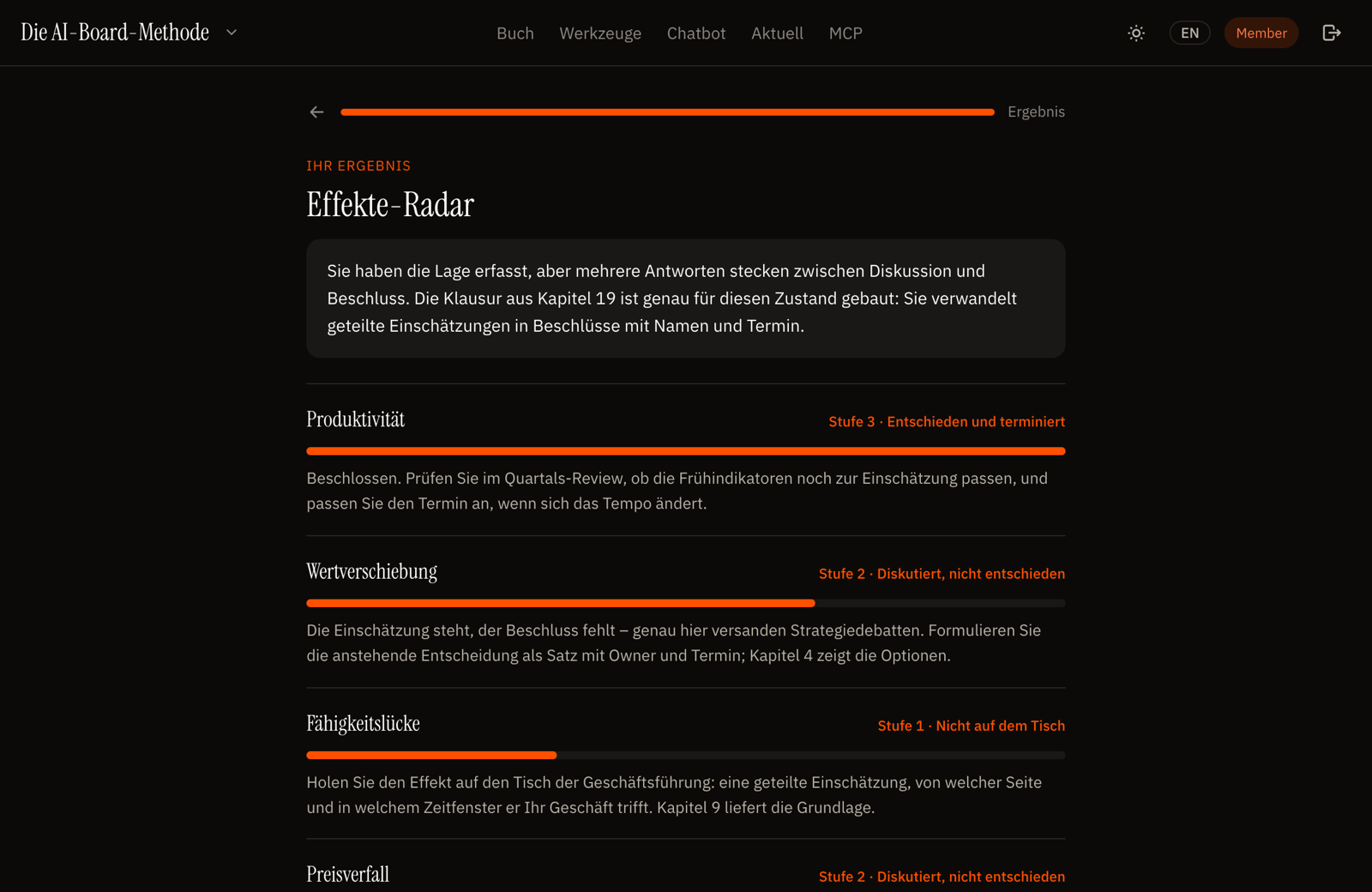 Das Effekte-Radar mit Auswertung: je Effekt Stufe, Empfehlung und Kapitelverweis.
