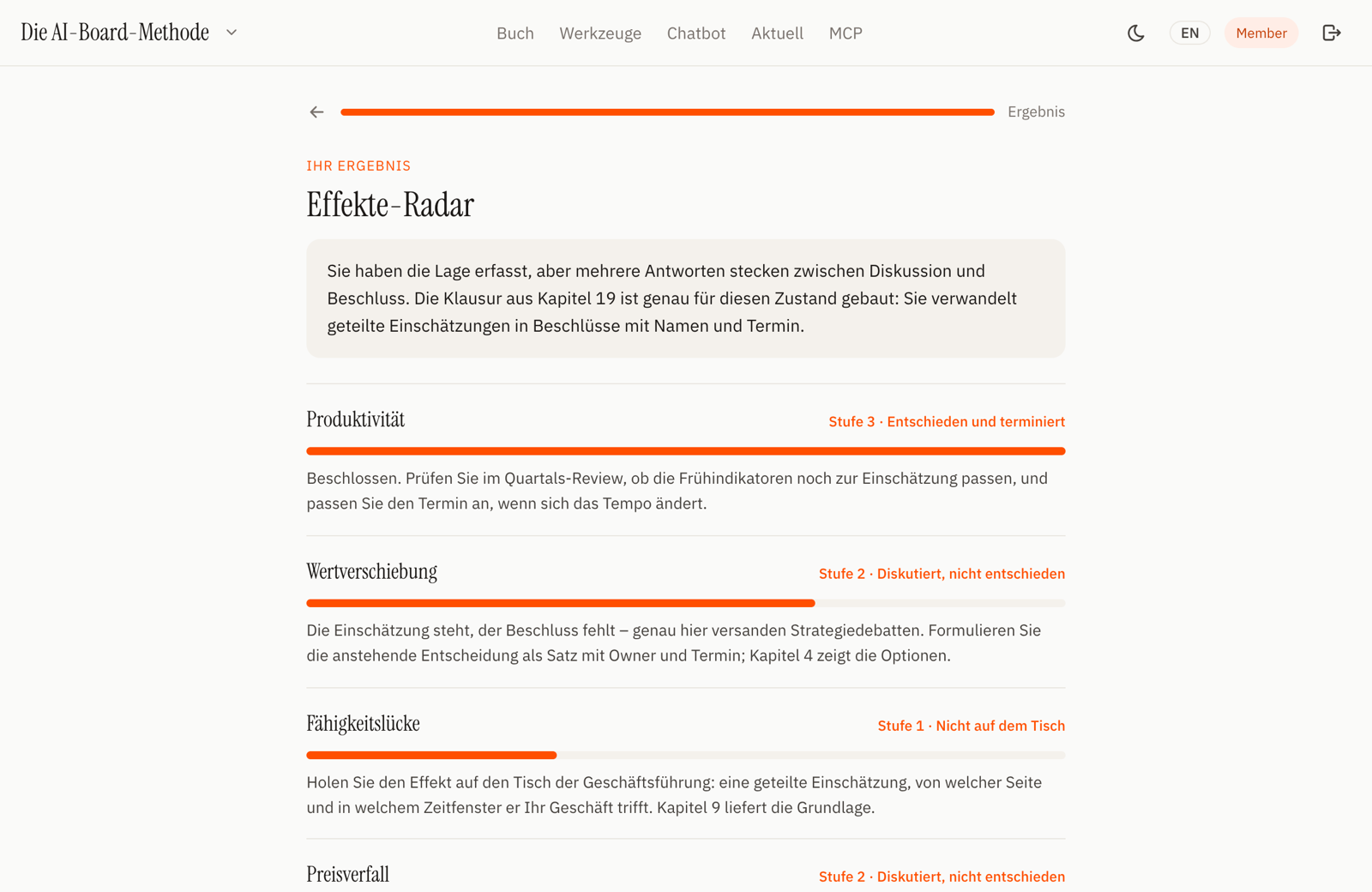 Das Effekte-Radar mit Auswertung: je Effekt Stufe, Empfehlung und Kapitelverweis.