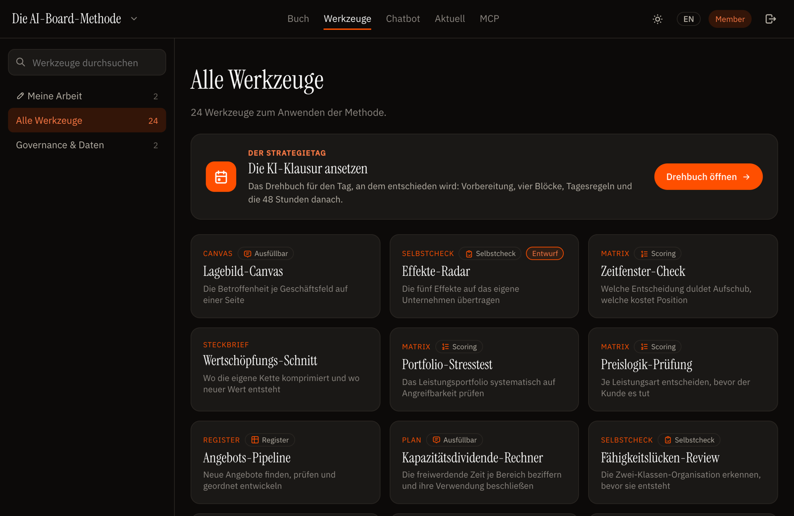 Die Bibliothek: 24 Entscheidungswerkzeuge, mit dem Klausur-Drehbuch als Einstieg.
